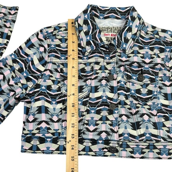 Hot Kiss Crop Top Denim Jacket 80s Retro Pastel Geometric Button Up Womens L - Picture 7 of 12